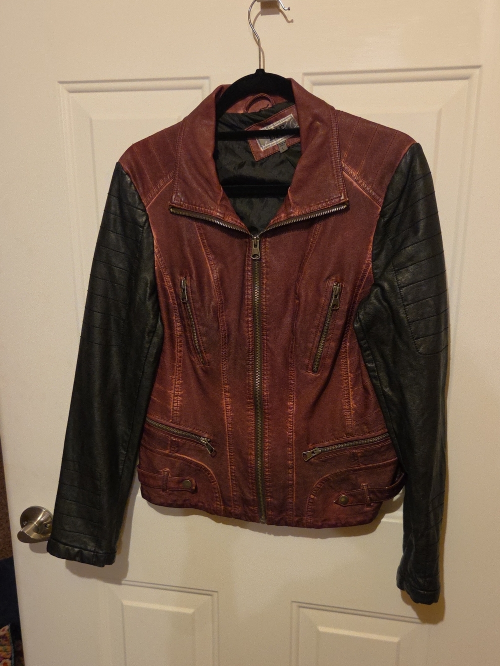 BKE Two-Tone Faux Leather Moto Jacket in Burgundy with Black Sleeves